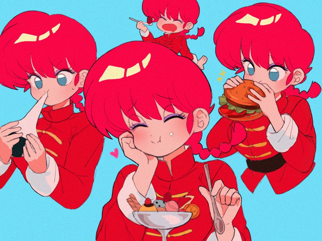 blue_background blue_eyes burger chinese_clothes closed_eyes dumpling eating food heart ice_cream jpeg_artifacts open_mouth ranma-chan ranma_1/2 redhead sanamaru_(sana79261827) simple_background variations