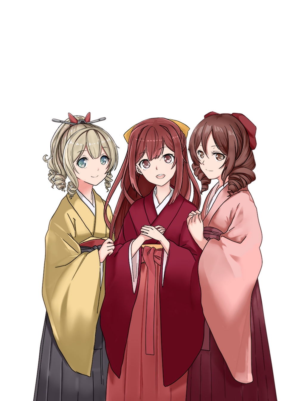 3girls black_hakama blonde_hair blue_eyes bow brown_eyes brown_hair drill_hair hair_between_eyes hair_bow hair_ornament hair_ribbon hakama harukaze_(kancolle) hatakaze_(kancolle) highres japanese_clothes kamikaze_(kancolle) kantai_collection kimono kuaixue_shiqing long_hair meiji_schoolgirl_uniform multiple_girls negative_space pink_hakama pink_kimono ponytail purple_hair red_bow red_eyes red_hakama red_kimono red_ribbon ribbon simple_background twin_drills white_background yellow_bow yellow_kimono