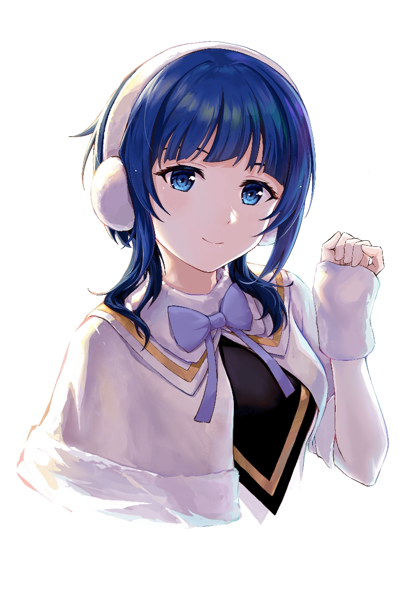 1girl asaka_karin bangs blue_eyes bow bowtie capelet closed_mouth cropped_torso earmuffs eyebrows_hidden_by_hair fur-trimmed_capelet fur_trim long_sleeves love_live! love_live!_nijigasaki_high_school_idol_club love_live!_school_idol_project purple_bow purple_bowtie setsu_(qjsj1993aa) short_hair_with_long_locks sidelocks simple_background smile solo upper_body white_background white_capelet