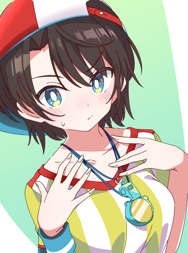 1girl blue_eyes brown_hair collarbone gradient gradient_background green_background hat hololive ixy looking_at_viewer oozora_subaru shirt short_hair solo striped striped_shirt tomboy upper_body vertical-striped_shirt vertical_stripes virtual_youtuber whistle whistle_around_neck