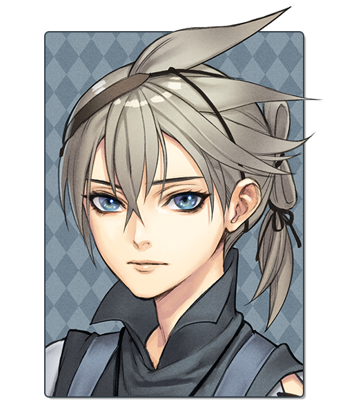 1boy aged_down argyle argyle_background black_shirt blue_eyes border closed_mouth collared_shirt grey_hair hair_between_eyes hair_up head_chain looking_at_viewer male_focus medium_hair multi-tied_hair nier nier_(series) nier_(young) portrait shirt solo uboar white_border