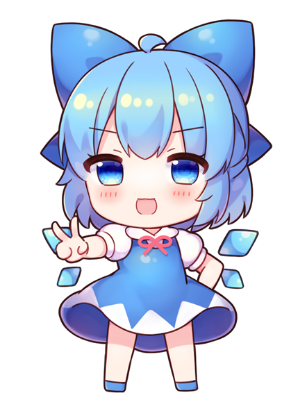 1girl ahoge blue_bow blue_dress blue_eyes blue_footwear blue_hair blush bow cirno collared_shirt detached_wings dress fairy full_body hair_bow ice ice_wings open_mouth pjrmhm_coa shirt shoes short_hair short_sleeves simple_background smile solo touhou v white_background white_shirt wings