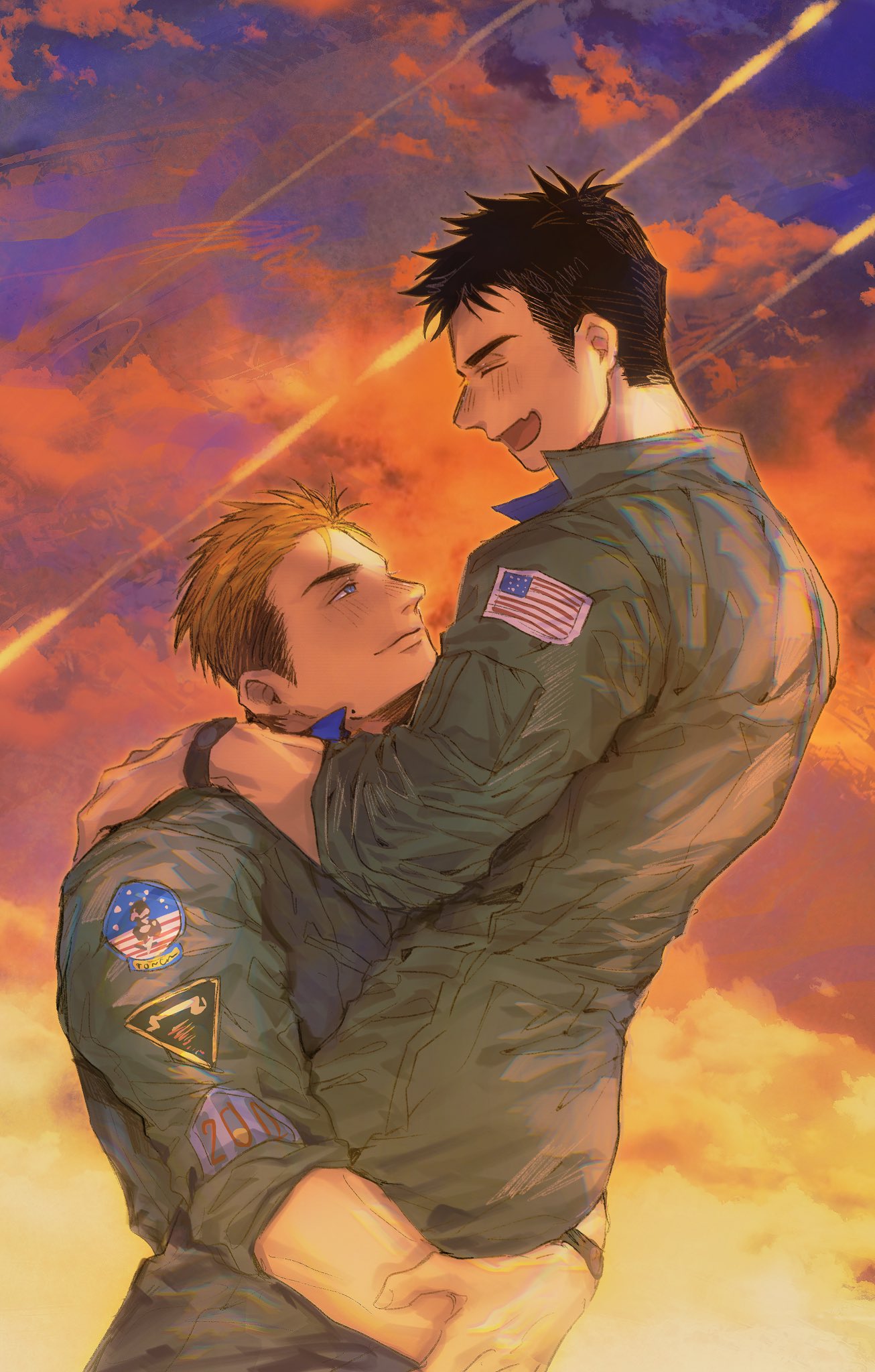 2boys carrying carrying_person chiyo_(miichiyochin) clouds commentary commentary_request evening fang highres holding ice_man long_sleeves looking_at_another male_focus military military_insignia military_uniform multiple_boys open_mouth outdoors pete_"maverick"_mitchell short_hair skin_fang smile solo_focus standing tom_cruise top_gun uniform united_states_navy
