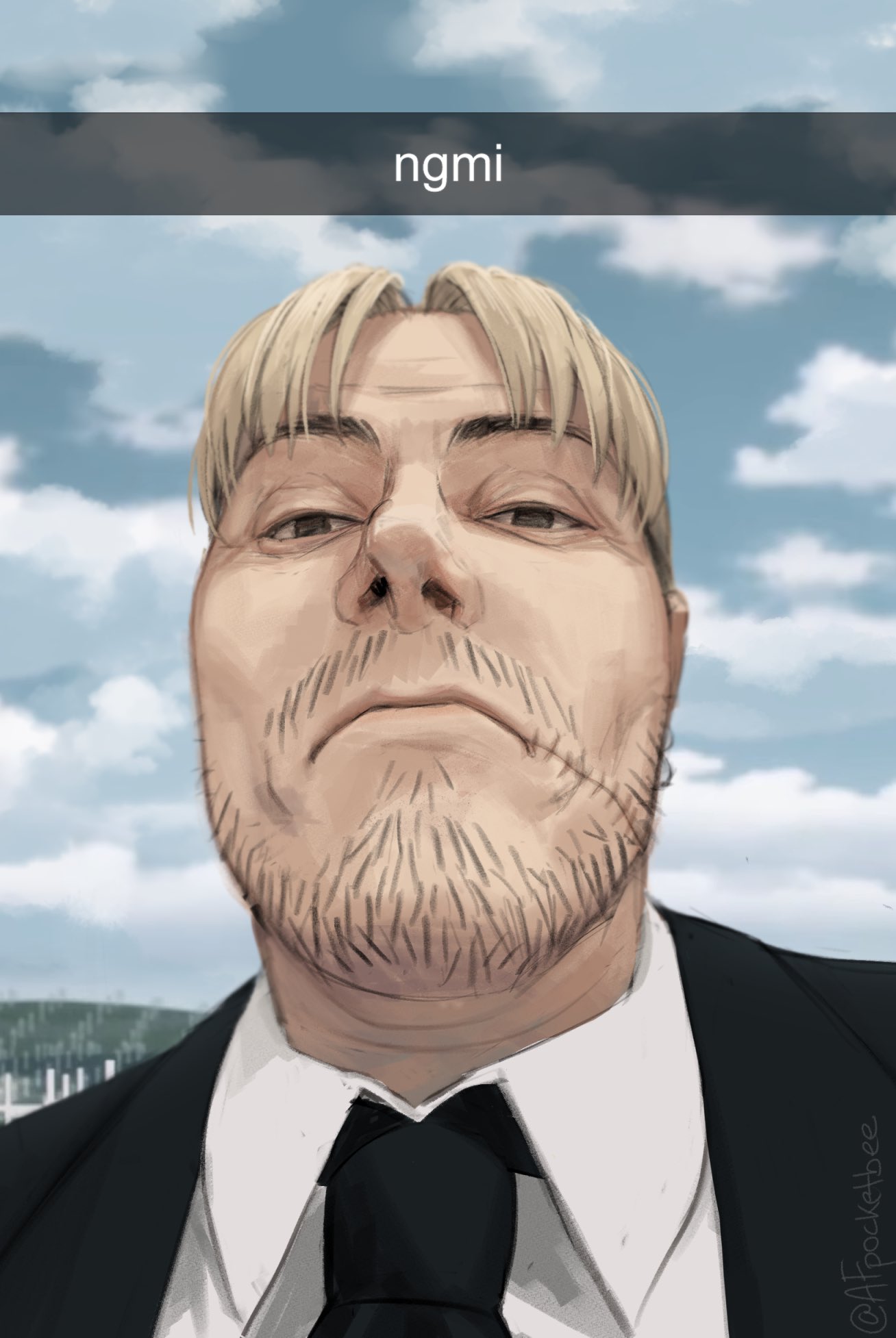 1boy black_jacket black_necktie blonde_hair blue_sky chainsaw_man close-up clouds cloudy_sky collared_shirt facial_hair graveyard highres jacket kishibe_(chainsaw_man) looking_at_viewer meme necktie outdoors pocketbee shirt short_hair sky snapchat solo stitched_mouth stitches stubble tombstone twitter_username white_shirt