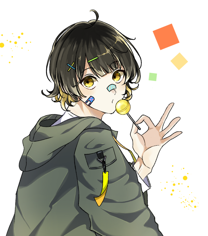 1boy bachira_meguru bandaid bandaid_on_cheek bandaid_on_face bangs black_hair blonde_hair blue_lock blunt_bangs candy food green_jacket hair_ornament hairclip holding holding_candy holding_food holding_lollipop hood hood_down hooded_jacket jacket lollipop long_sleeves looking_at_viewer male_focus multicolored_hair short_hair simple_background snsk45656254 solo two-tone_hair upper_body white_background yellow_eyes