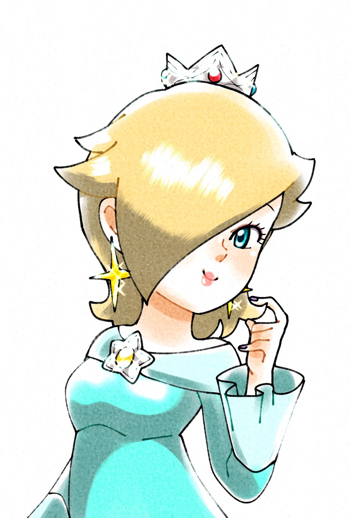 1girl aqua_dress aqua_eyes blonde_hair blue_dress blue_eyes crown dress earrings hair_over_one_eye highres jewelry long_hair long_sleeves mzg04 off-shoulder_dress off_shoulder pink_nails purple_nails rosalina solo star_(symbol) star_earrings super_mario_bros. white_background