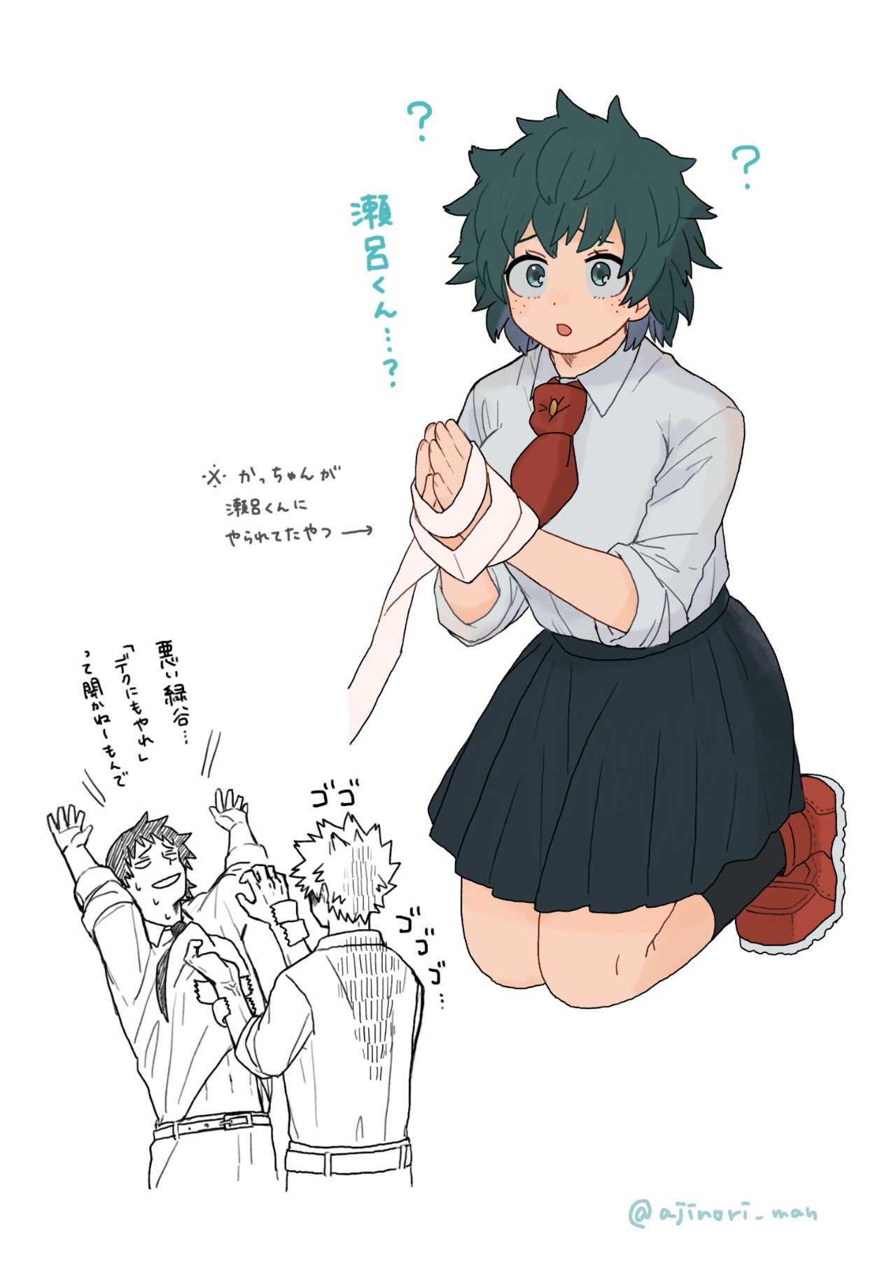 1girl 2boys ? arms_up bakugou_katsuki belt black_skirt black_socks boku_no_hero_academia bound bound_wrists breasts collared_shirt commentary_request freckles full_body genderswap genderswap_(mtf) green_eyes green_hair highres kaji_(artist) kneeling long_sleeves looking_at_another midoriya_izuku multiple_boys necktie open_mouth own_hands_together pants pleated_skirt red_footwear red_necktie school_uniform sero_hanta shirt shirt_grab shoes short_hair simple_background skirt socks spiky_hair standing tape twitter_username u.a._school_uniform white_background white_shirt