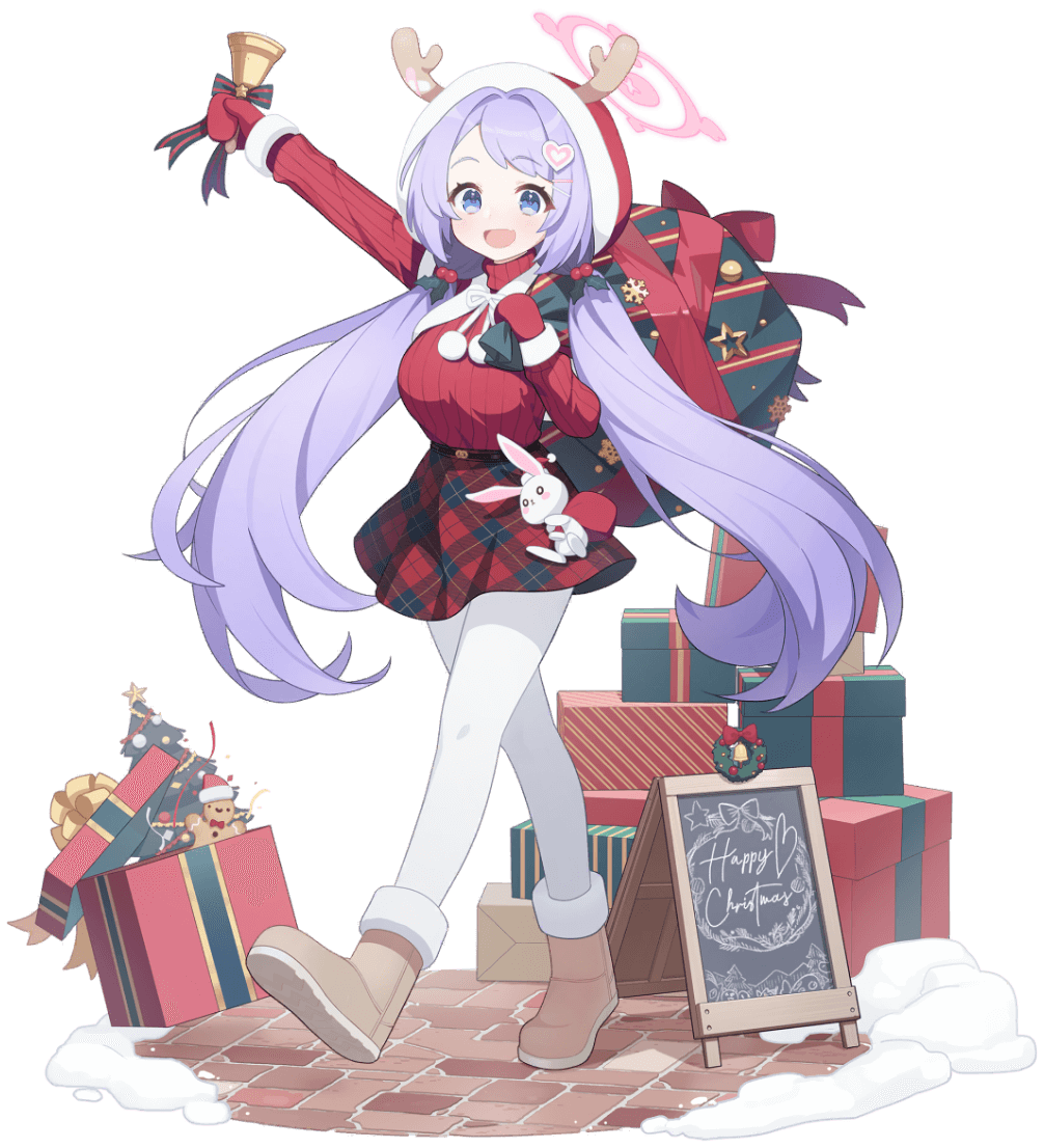 1girl bell blue_archive blue_eyes christmas gift hanae_(blue_archive) hanae_(christmas)_(blue_archive) holding holding_sack long_hair official_art purple_hair sack sign snow transparent_background