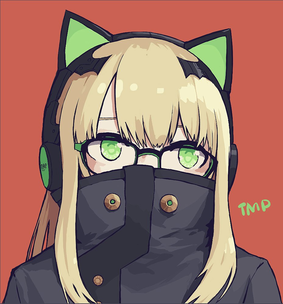 1girl animal_ear_headphones animal_ears bangs bespectacled black-framed_eyewear blonde_hair cat_ear_headphones character_name covered_face fake_animal_ears girls_frontline glasses green-framed_eyewear green_eyes grey_jacket headphones high_collar jacket papaia_(quentingqoo) portrait red_background simple_background solo straight-on tmp_(girls'_frontline) two-tone_eyewear upper_body