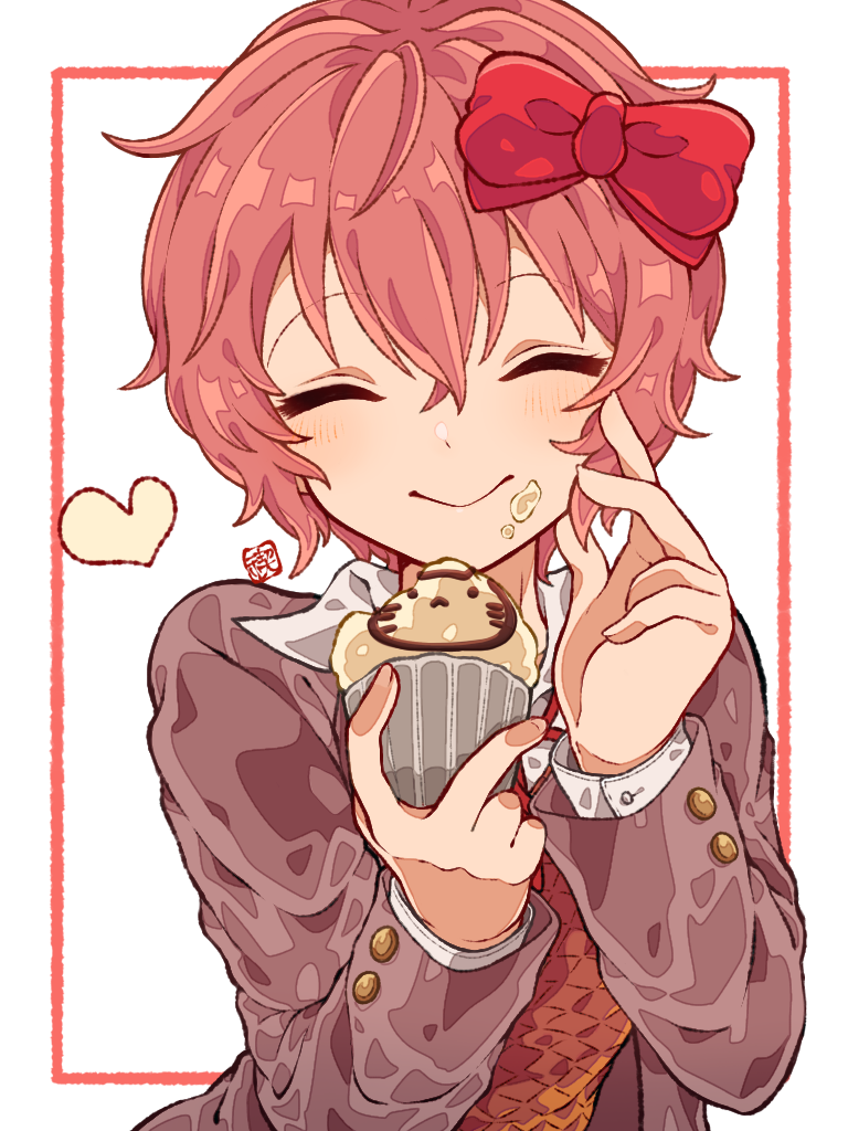 1girl animal_ears artist_name bangs blazer blush border bow brown_sweater_vest cat_ears closed_eyes closed_mouth commentary cupcake cute doki_doki_literature_club dress_shirt eating facing_viewer food food_bite food_on_face grey_jacket hair_between_eyes hair_bow hand_on_own_face happy heart holding holding_food jacket messy misogi_ria neck_ribbon outside_border pink_border pink_hair red_bow red_ribbon ribbon sayori_(doki_doki_literature_club) school_uniform shirt short_hair signature smile solo sweater_vest team_salvato upper_body very_short_hair whiskers white_shirt