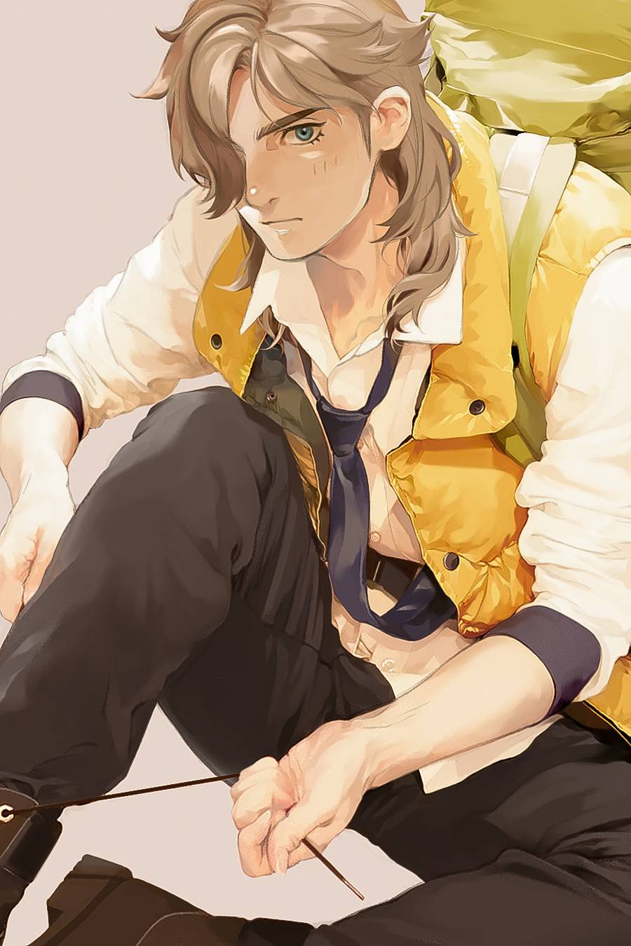 1boy arven_(pokemon) backpack bag bangs brown_hair collared_shirt eyelashes funahashi_(nkmmmmr) green_eyes hair_over_one_eye highres holding long_hair looking_at_viewer multicolored_hair necktie open_clothes open_vest pants pokemon pokemon_(game) pokemon_sv purple_necktie shirt shoelaces sitting solo tying_footwear uva_academy_uniform vest white_shirt yellow_bag yellow_vest