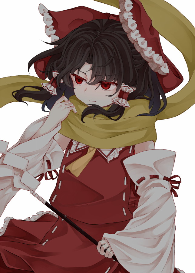 1girl ascot bare_shoulders black_hair bow closed_mouth detached_sleeves gohei hair_between_eyes hair_bow hair_tubes hakurei_reimu japanese_clothes medium_hair nontraditional_miko red_bow red_eyes red_skirt ribbon-trimmed_sleeves ribbon_trim scarf sidelocks simple_background skirt solo touhou upper_body white_background white_sleeves wide_sleeves yellow_ascot yellow_scarf zetsumame