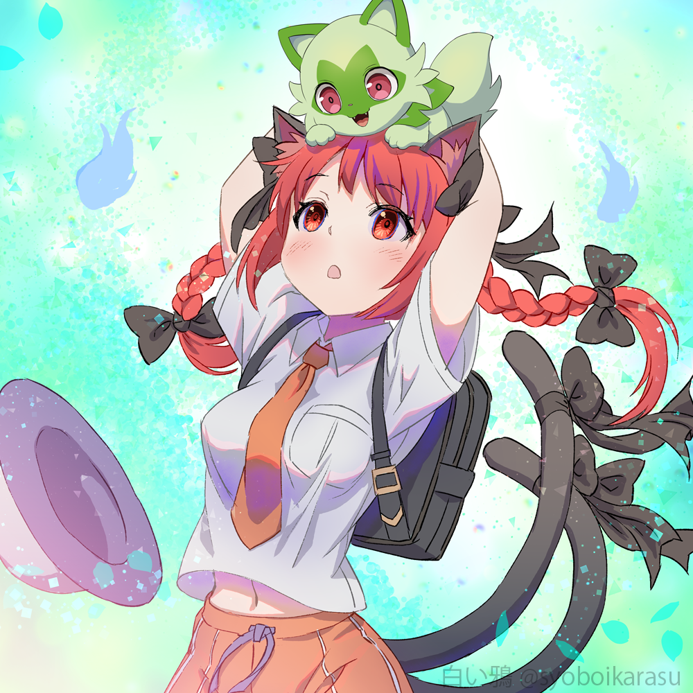 1girl :3 :d :o alternate_costume animal_ear_fluff animal_ears arms_up backpack bag black_bow blue_background blush bow braid breast_pocket breasts cat_ears cat_tail cowboy_shot d: fangs floating_hair hair_bow hair_ribbon hat hat_removed headwear_removed hitodama kaenbyou_rin long_hair medium_breasts midriff_peek multiple_tails navel necktie nekomata open_mouth pocket pokemon pokemon_(game) pokemon_sv red_eyes redhead ribbon shiroi_karasu shirt short_sleeves simple_background smile sprigatito tail tail_bow tail_ornament touhou tress_ribbon twin_braids twintails two_tails white_shirt