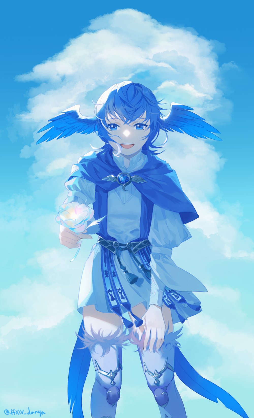 1girl bangs bird_girl bird_tail blue_capelet blue_dress blue_hair blue_sky blue_thighhighs blue_wings brooch capelet clouds cloudy_sky crossed_bangs dress feather_trim feathered_wings feet_out_of_frame final_fantasy final_fantasy_xiv flower head_wings highres holding holding_flower jewelry leaning_forward long_sleeves looking_at_viewer matjip meteion open_mouth outdoors short_dress short_hair sky smile solo standing tail teeth thigh-highs twitter_username upper_teeth_only wings