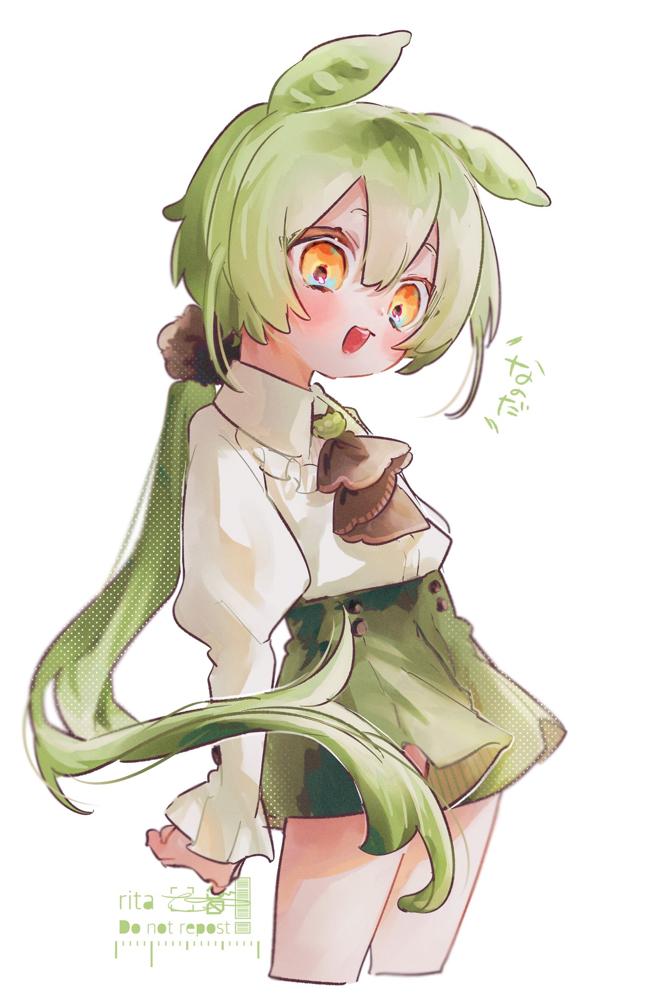 1boy collared_shirt commentary genderswap genderswap_(ftm) green_hair green_shorts hair_between_eyes highres jabot long_hair long_sleeves looking_down low_ponytail multicolored_eyes open_mouth puffy_sleeves rt26 shirt shorts solo translated voicevox white_shirt zundamon