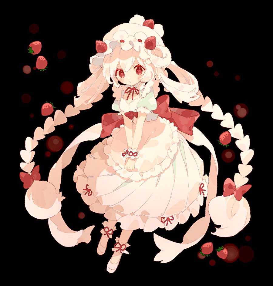 1girl alcremie alcremie_(strawberry_sweet) alcremie_(vanilla_cream) apron black_background bow braid commentary dress food-themed_hair_ornament full_body hair_ornament hair_ribbon hair_rings hat hibi89 long_hair looking_at_viewer maid mob_cap personification pokemon puffy_short_sleeves puffy_sleeves red_bow red_ribbon ribbon short_sleeves simple_background solo strawberry_hair_ornament twin_braids very_long_hair white_apron white_dress white_footwear white_hair white_headwear wrist_cuffs
