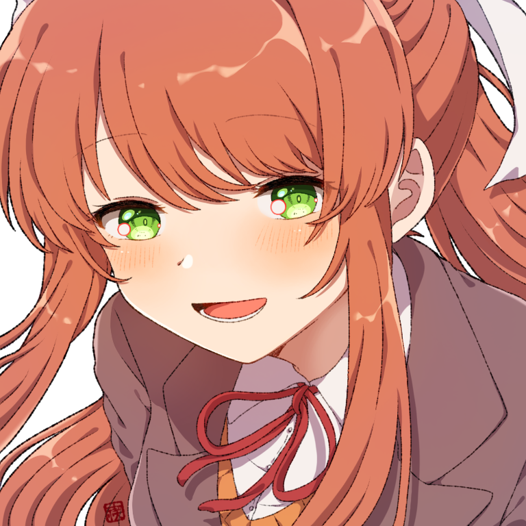 1girl artist_name bangs blazer blush brown_hair brown_sweater_vest close-up commentary doki_doki_literature_club dress_shirt green_eyes grey_jacket hair_ribbon jacket long_hair looking_at_viewer lower_teeth_only misogi_ria monika_(doki_doki_literature_club) neck_ribbon open_mouth ponytail portrait red_ribbon ribbon school_uniform shirt sidelocks signature smile solo sweater_vest teeth white_ribbon white_shirt