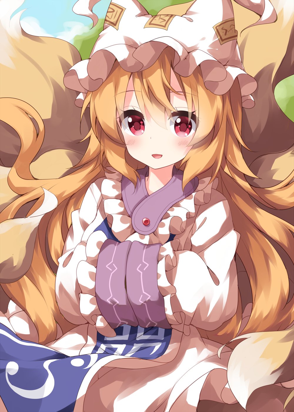 1girl animal_ears blonde_hair blue_tabard commentary_request dress fox_ears fox_tail frilled_dress frills hands_in_opposite_sleeves happy hat highres long_hair long_sleeves multiple_tails one-hour_drawing_challenge open_mouth pillow_hat red_eyes ruu_(tksymkw) solo tabard tail tassel touhou very_long_hair white_dress white_headwear yakumo_ran