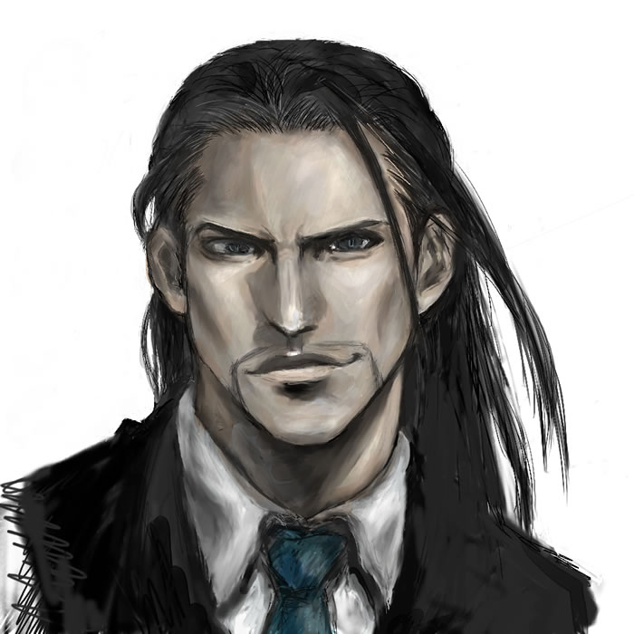 1boy black_eyes black_hair blue_necktie closed_mouth collarbone facial_hair gustav_munchausen looking_at_viewer male_focus molem necktie portrait simple_background smirk solo the_king_of_fighters the_king_of_fighters_ex2 white_background