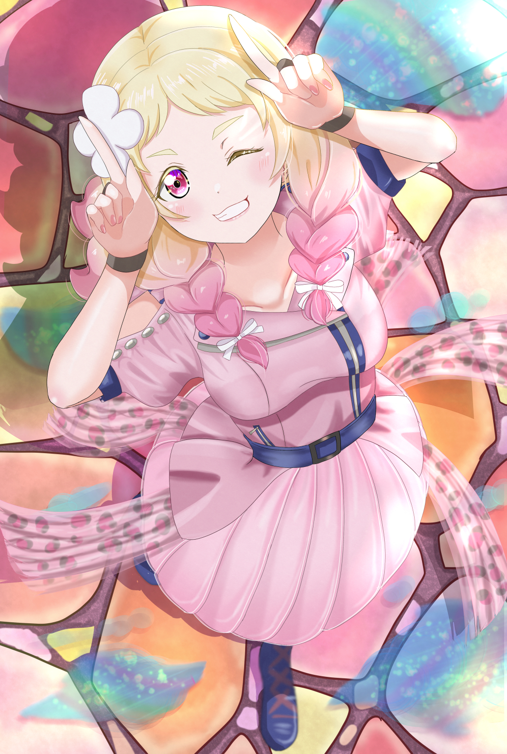 1girl bangs belt black_wristband blonde_hair blue_belt blue_footwear blush braid cobblestone colored_eyelashes commentary dress fingernails from_above gradient_hair grin hair_ribbon hands_up highres index_fingers_raised looking_at_viewer love_live! love_live!_superstar!! minami_yuka_(kimikoko_thanks) multicolored_hair one_eye_closed onitsuka_natsumi parted_bangs pink_dress pink_eyes pink_hair ribbon short_bangs short_sleeves smile solo teeth twin_braids we_will!!_(love_live!) white_ribbon
