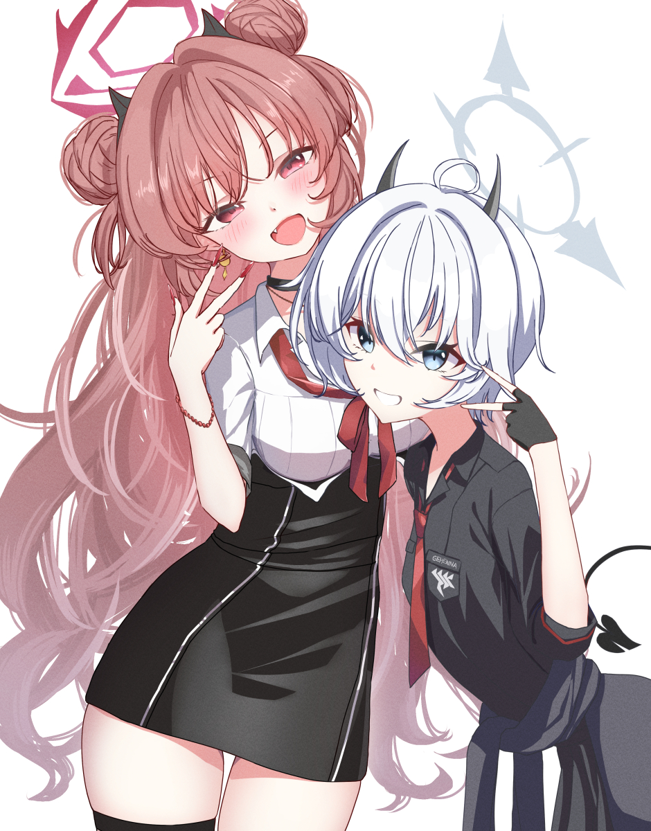 2girls :d ahoge ayk8tk black_choker black_shirt black_skirt blue_archive blue_eyes choker clothes_around_waist commentary_request demon_horns demon_tail double_bun earrings erika_(blue_archive) fake_horns fang grey_hair grin hair_bun halo highres horns jacket jacket_around_waist jewelry kirara_(blue_archive) long_hair loose_neck_ribbon loose_necktie multiple_girls neck_ribbon necktie pink_hair red_eyes red_necktie red_ribbon ribbon shirt short_hair skirt smile tail v w