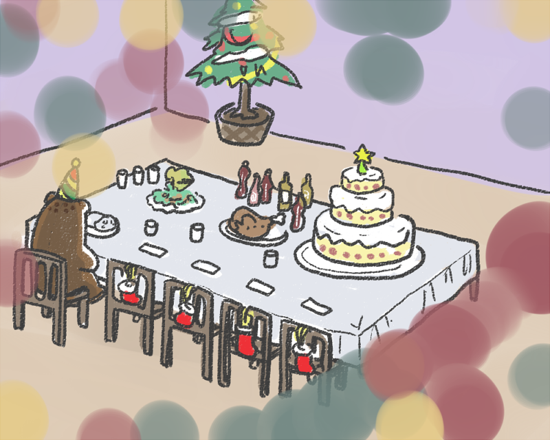 bokukawauso cake christmas_tree commentary ferret-san food from_above from_behind hat kantai_collection kyojin_no_hoshi mascot meme no_humans otter parody party_hat scene_reference sitting table wide_shot
