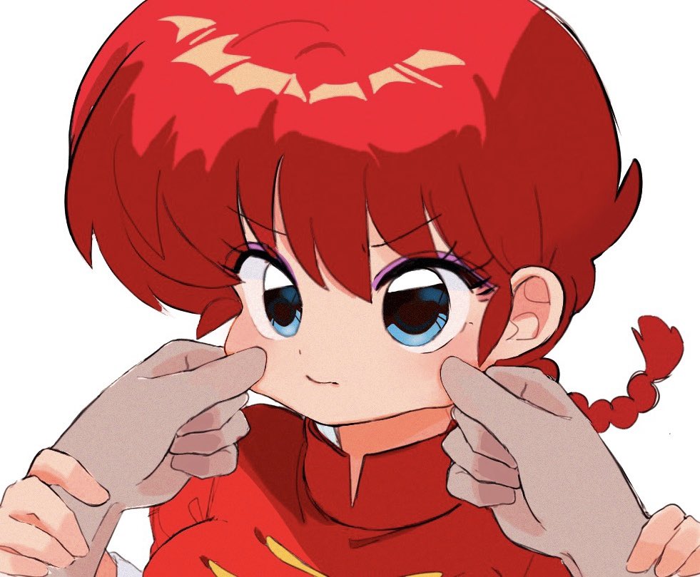 1girl 1other blue_eyes braid braided_ponytail breasts cheek_pinching closed_mouth hair_between_eyes hands_on_another's_wrists pinching ranma-chan ranma_1/2 redhead sanamaru_(sana79261827) simple_background white_background