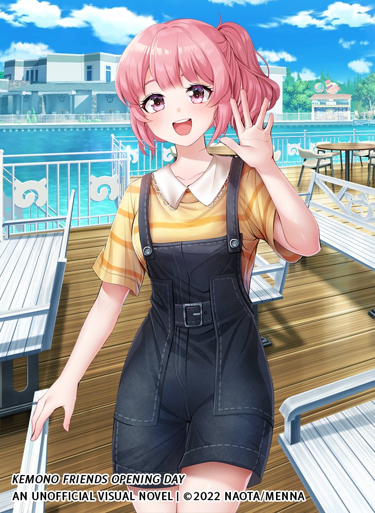 1girl alternate_costume blush casual collared_shirt commentary_request cowboy_shot denim japari_symbol kemono_friends lace_trim looking_at_viewer menna_(0012) nana_(kemono_friends) open_mouth overall_shorts overalls pink_eyes pink_hair shirt short_hair short_sleeves side_ponytail smile solo striped striped_shirt t-shirt waving yellow_shirt
