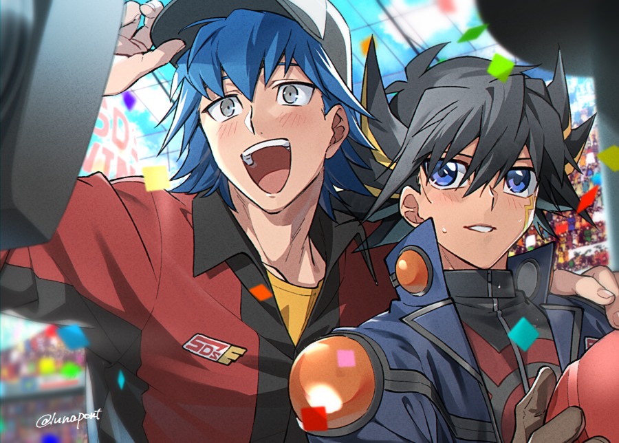 2boys :d baseball_cap black_hair blue_hair blush bruno_(yu-gi-oh!) confetti fudou_yuusei hand_on_another's_shoulder hat helmet lunapont male_focus multiple_boys open_clothes open_shirt short_hair smile sweatdrop upper_body yu-gi-oh! yu-gi-oh!_5d's