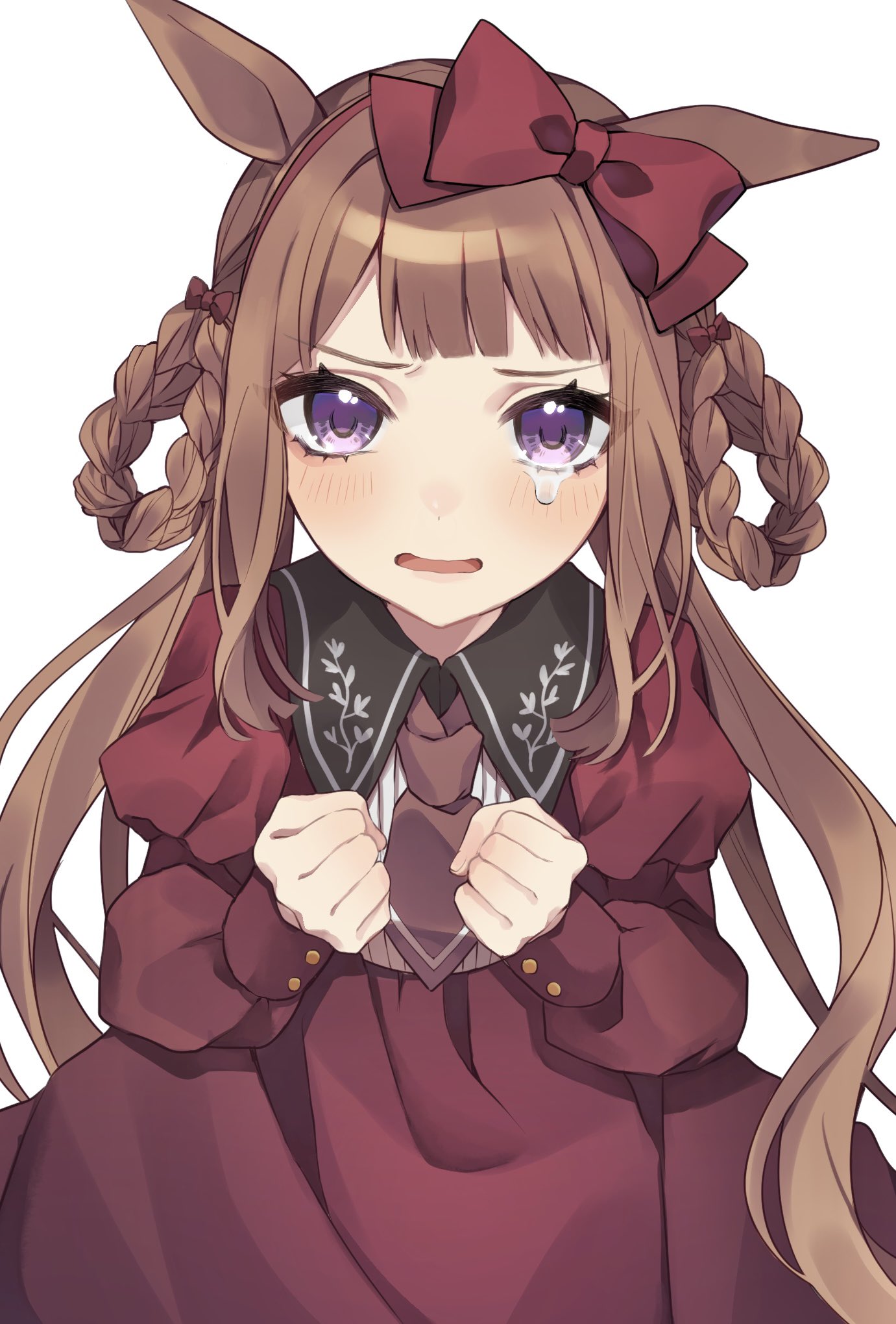 1girl animal_ears bangs blush bow_hairband brown_hair brown_necktie clenched_hands collared_dress dress hair_rings hairband hand_up highres horse_ears long_hair looking_at_viewer necktie open_mouth papuchi_(papri_pa) red_dress simple_background solo sweep_tosho_(umamusume) tearing_up twintails umamusume upper_body violet_eyes white_background