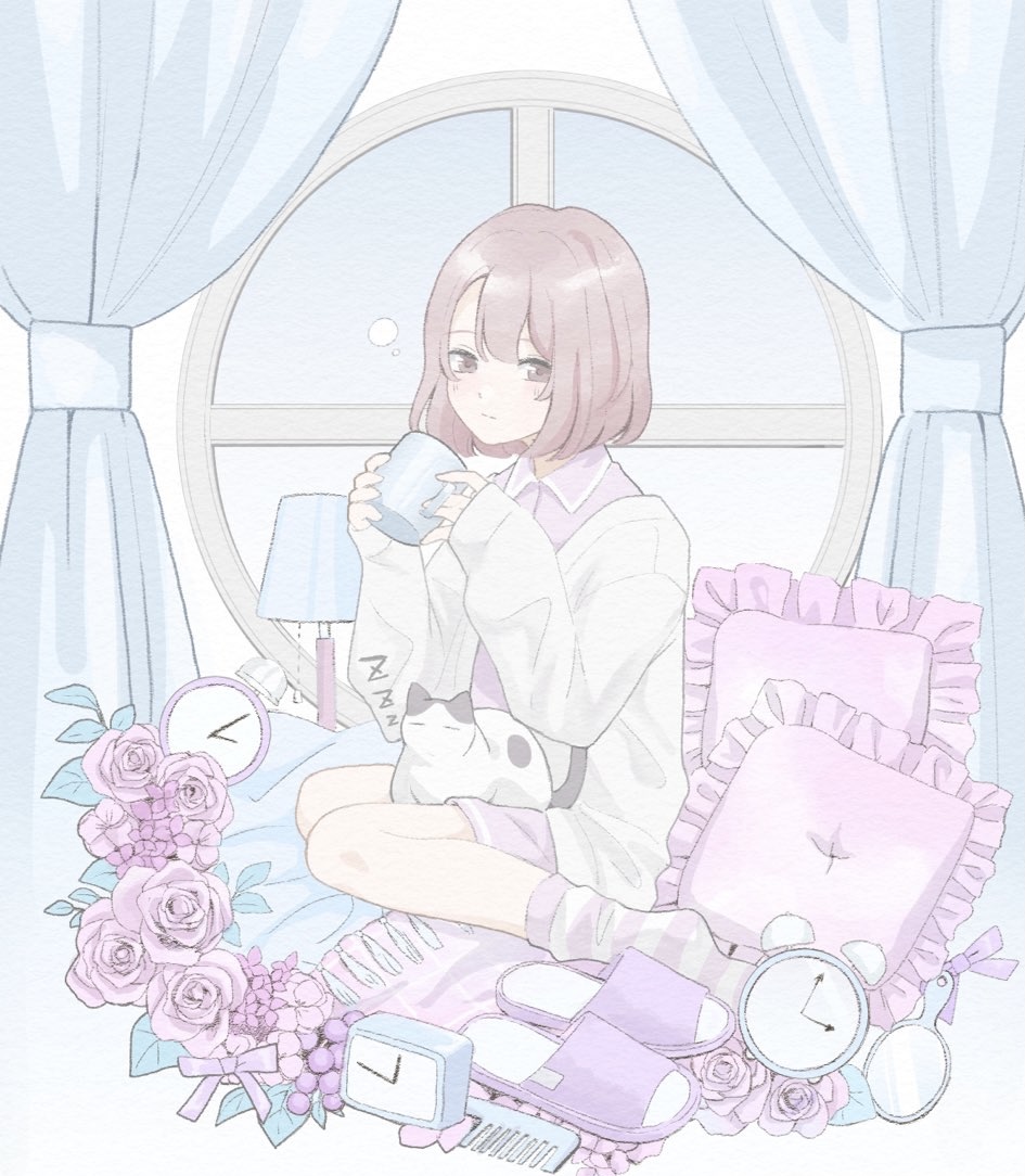 1girl alarm_clock animal animal_on_lap bangs blank_thought_bubble brown_eyes brown_socks cat cat_on_lap clock closed_eyes collared_shirt comb cup curtains day flower food frilled_pillow frills fruit grapes hand_mirror holding holding_cup indoors lamp lampshade leaf light_brown_hair light_purple_ribbon long_sleeves mirror mug on_lap original pale_color pillow pink_flower pink_rose purple_ribbon ribbon rose round_window shirt short_hair shorts simple_background sitting sleeping sleeves_past_wrists slippers slippers_removed snoring socks sound_effects striped striped_socks thought_bubble two-tone_footwear two-tone_socks wariza white_background white_footwear white_shirt white_socks window yuum1709 zzz