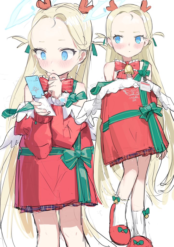 1girl antlers blonde_hair blue_archive blue_eyes blush bow bowtie cellphone christmas christmas_present flip_phone forehead gift halo long_hair nemo_(leafnight) phone reindeer_antlers sketch sora_(blue_archive) very_long_hair white_background