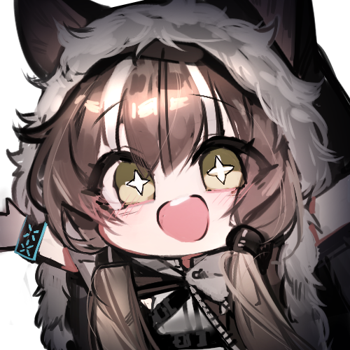 +_+ 1girl :d arknights black_cloak blush brown_eyes brown_hair chibi cloak commentary_request ears_through_headwear fur-trimmed_cloak fur-trimmed_hood fur_trim hair_over_shoulder hood hood_up hooded_cloak libiadan long_hair looking_at_viewer low_twintails lowres mulberry_(arknights) outstretched_arms shirt smile solo teeth twintails upper_body upper_teeth_only white_shirt