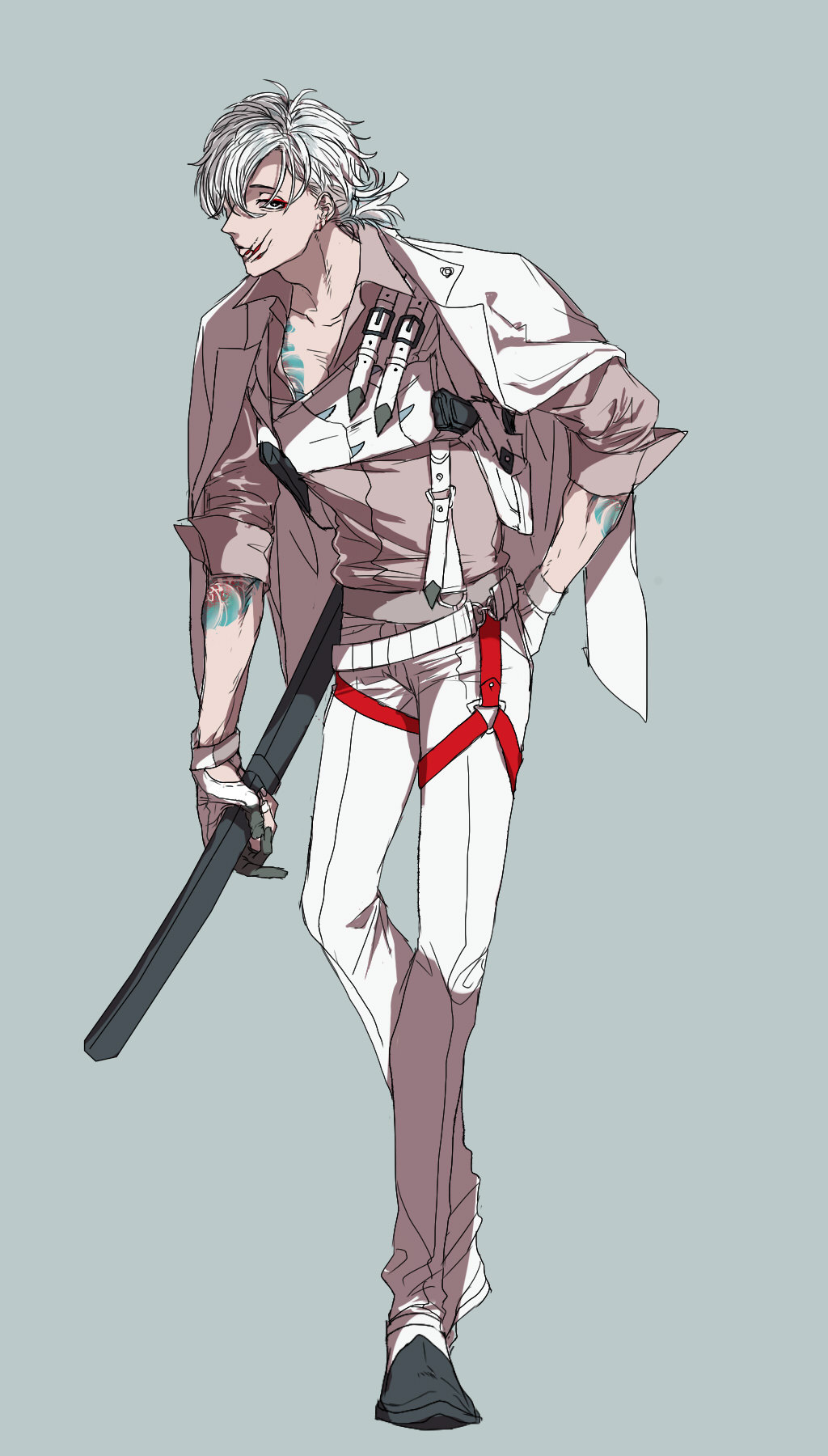 1boy arm_tattoo belt full_body gloves golisopod hair_over_one_eye highres jacket male_focus medium_hair personification pokemon scar scar_on_face scar_on_mouth sheath sheathed simple_background solo standing tattoo white_gloves white_hair white_jacket woborou