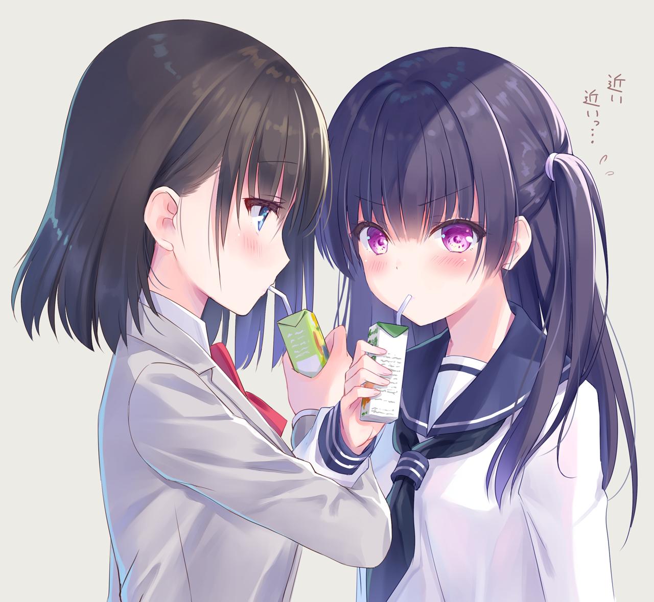 2girls bangs black_neckerchief blazer blue_eyes blue_sailor_collar blush bow bowtie brown_hair commentary_request drinking drinking_straw flying_sweatdrops from_side grey_background grey_jacket hand_up jacket juice_box locked_arms long_hair looking_at_another looking_at_viewer medium_hair multiple_girls na-ga neckerchief original profile sailor_collar school_uniform serafuku simple_background translation_request two_side_up upper_body violet_eyes white_serafuku yuri