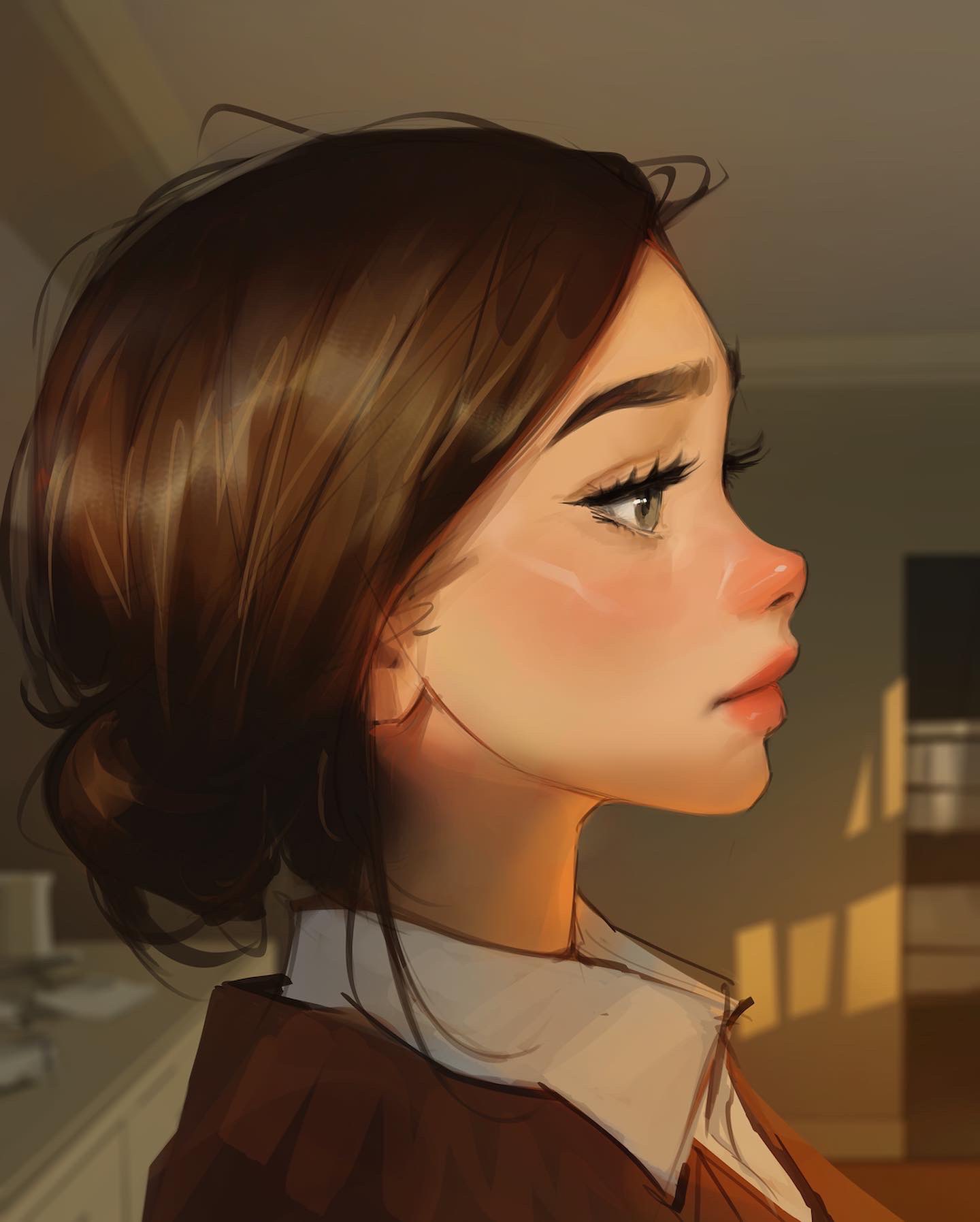 1girl brown_hair closed_mouth collared_shirt counter eyelashes from_side grey_eyes hair_bun highres kitchen lips nose original portrait sam_yang shirt single_hair_bun solo