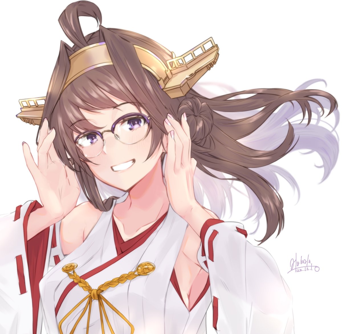 1girl ahoge alakoala bangs blush breasts brown_hair commentary_request dated detached_sleeves double_bun glasses grin hair_bun headgear japanese_clothes kantai_collection kongou_(kancolle) large_breasts long_hair looking_at_viewer nontraditional_miko purple-framed_eyewear ribbon-trimmed_sleeves ribbon_trim signature smile solo upper_body white_background wide_sleeves