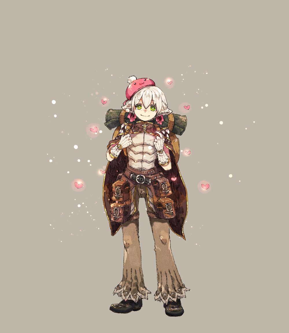1boy animal_ears bangs belt black_footwear bright_pupils brown_belt brown_cape brown_pants cape cat_ears closed_mouth commentary_request creator_(ragnarok_online) full_body fur-trimmed_pants gloves green_eyes grey_background heart looking_at_viewer male_focus pants poring pouch ragnarok_online shirt shoes short_hair simple_background sleeveless sleeveless_shirt smile solo standing themed_object tokio_(okt0w0) white_gloves white_hair white_pupils white_shirt