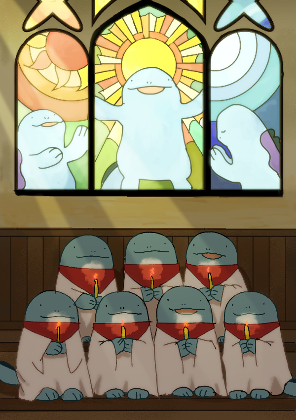 candle choir christmas church holding holding_candle indoors light_rays lineup no_humans pic_koiwai pokemon praying quagsire religion robe stained_glass window