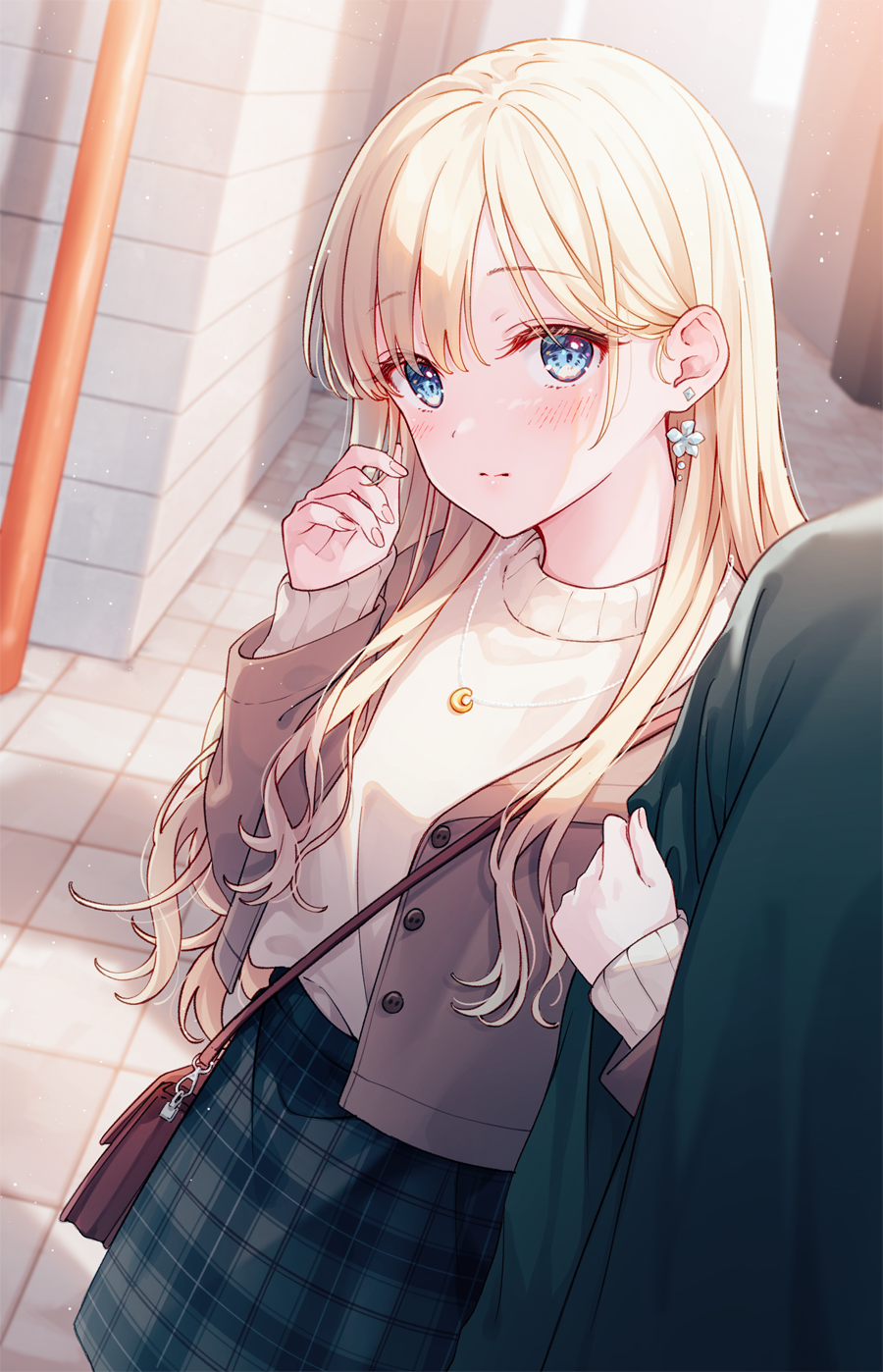 1boy 1girl aoi_yuki bag bangs blonde_hair blue_eyes blush closed_mouth cowboy_shot day earrings flower_earrings green_jacket green_skirt hair_over_shoulder hand_in_own_hair handbag hetero highres holding_another's_arm jacket jewelry light_particles long_hair long_sleeves looking_at_viewer necklace open_clothes original outdoors plaid plaid_skirt red_bag sidelocks skirt standing sunlight sweater