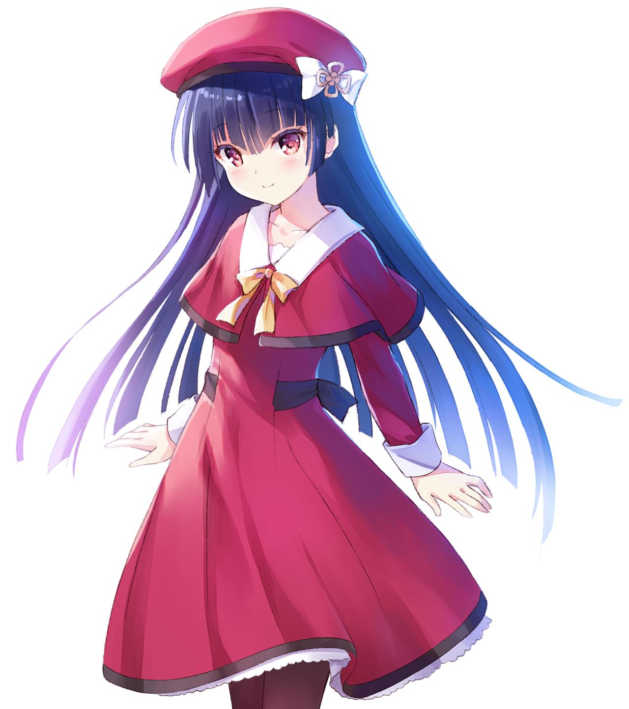 1girl bangs beret black_hair blush bow bowtie brown_eyes capelet collar commentary_request cowboy_shot dress hair_between_eyes hat hat_bow highres long_hair looking_at_viewer na-ga original pantyhose red_capelet red_dress red_headwear sidelocks simple_background smile solo standing straight_hair white_background white_bow white_collar yellow_bow yellow_bowtie