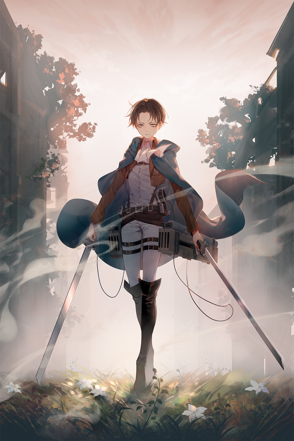 1boy ascot bangs belt black_hair blue_eyes brown_jacket brown_sash cloak closed_mouth collared_shirt cropped_jacket dual_wielding eyokiki flower full_body grass green_cloak highres holding holding_sword holding_weapon jacket levi_(shingeki_no_kyojin) long_sleeves looking_at_viewer male_focus open_clothes open_jacket pants parted_bangs shingeki_no_kyojin shirt short_hair sky standing sword thigh_strap three-dimensional_maneuver_gear tree weapon white_ascot white_flower white_pants white_shirt wind