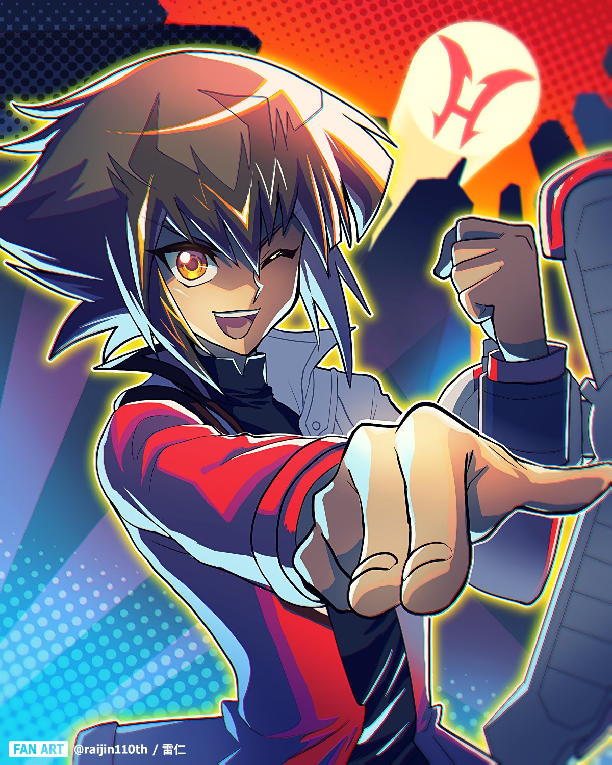 1boy bangs black_shirt brown_eyes brown_hair cityscape collared_jacket duel_academy_uniform_(yu-gi-oh!_gx) duel_disk gotcha hair_between_eyes hero_signal highres jacket long_sleeves male_focus multicolored_hair one_eye_closed pointing pointing_at_viewer raijin-bh red_jacket shirt short_hair smile solo two-tone_hair upper_body yu-gi-oh! yu-gi-oh!_gx yuuki_juudai