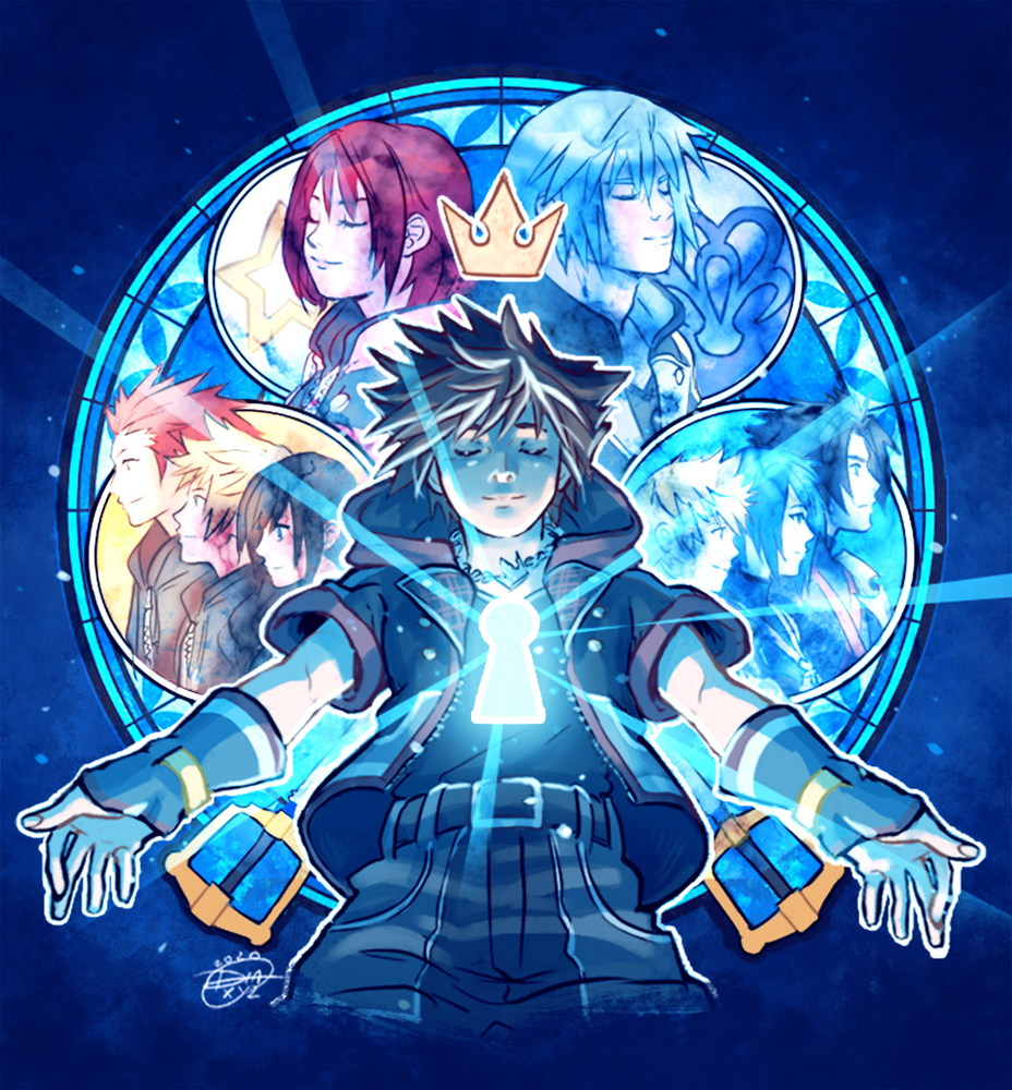 3girls 6+boys aqua_(kingdom_hearts) axel_(kingdom_hearts) bangs black_hair black_robe blonde_hair blue_hair brown_hair chain_necklace closed_eyes crown diana_mercolini grey_hair hair_between_eyes hair_slicked_back hood hooded_jacket jacket jewelry kairi_(kingdom_hearts) kingdom_hearts kingdom_hearts_iii medium_hair multiple_boys multiple_girls necklace outstretched_arms parted_bangs profile redhead riku_(kingdom_hearts) robe roxas short_hair short_sleeves signature smile sora_(kingdom_hearts) spiky_hair stained_glass terra_(kingdom_hearts) upper_body ventus_(kingdom_hearts) xion_(kingdom_hearts)