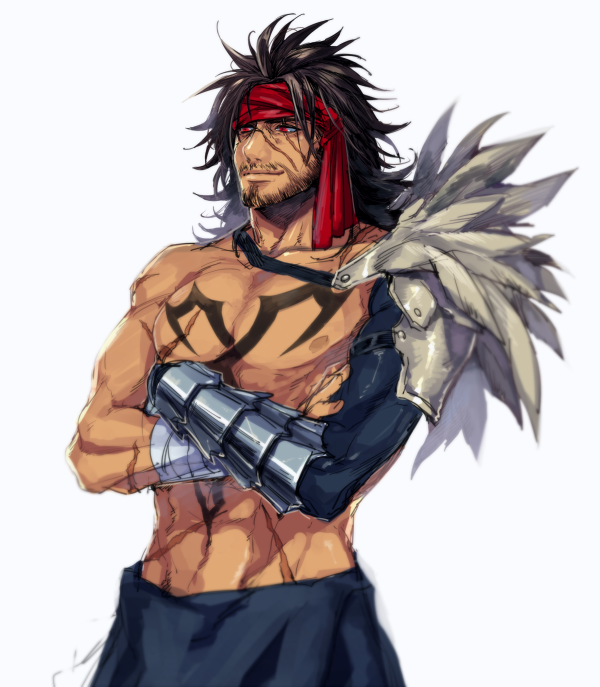 1boy armor bandaged_arm bandages bangs beard black_hair black_pants chest_tattoo cowboy_shot crossed_arms facial_hair feather_trim final_fantasy final_fantasy_x headband jecht male_focus medium_hair metal_gloves muscular muscular_male nakagawa_waka pants parted_bangs red_eyes red_headband scar scar_across_eye scar_on_arm scar_on_chest scar_on_face scar_on_nose shoulder_armor single_bare_shoulder single_sleeve smile solo tan tattoo topless_male white_background