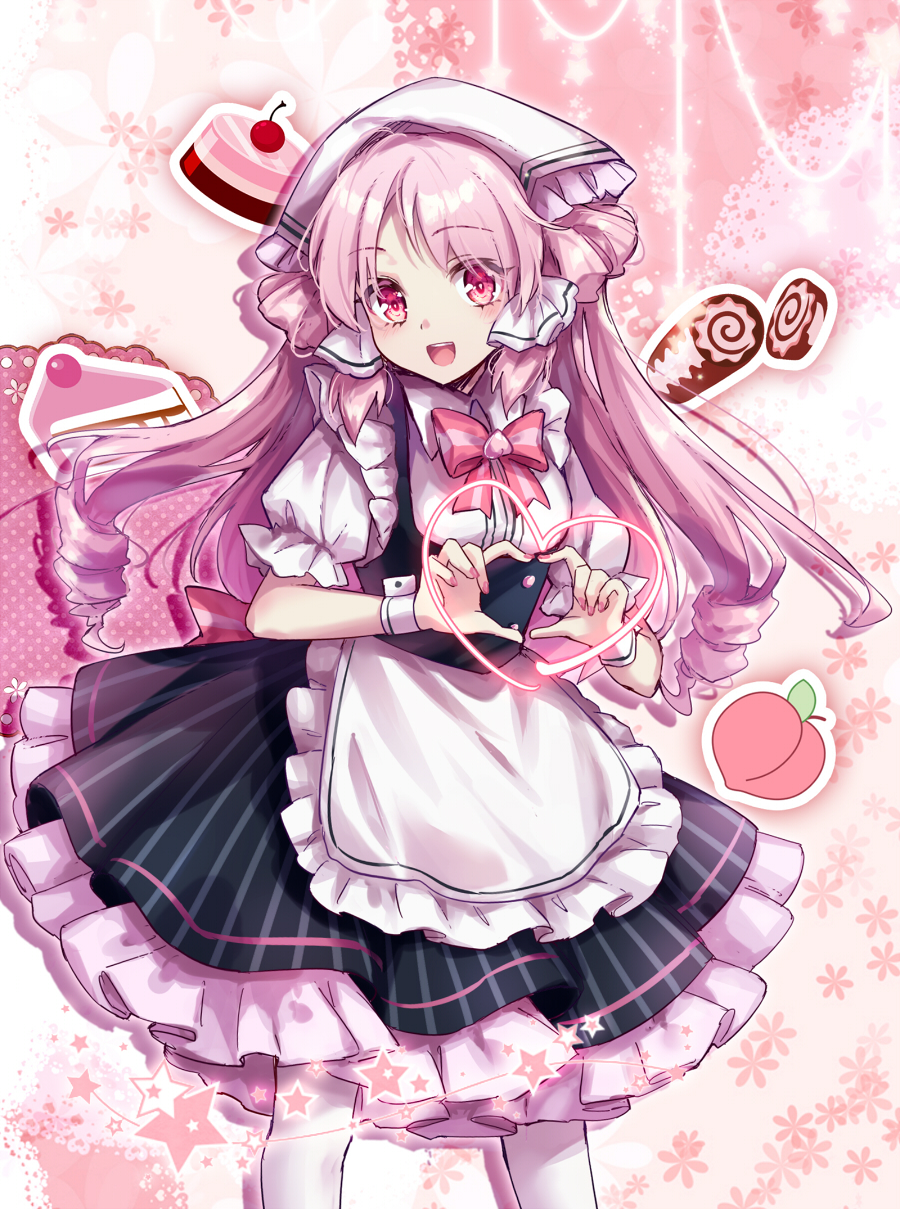 1girl akinomiya_asuka alternate_costume black_skirt cake collared_shirt commentary_request cowboy_shot enmaided food frilled_skirt frills fruit heart heart_hands highres long_hair maid neck_ribbon open_mouth original pantyhose peach pink_eyes pink_hair pink_ribbon pink_theme puffy_short_sleeves puffy_sleeves ribbon riverbed_soul_saver shirt short_sleeves skirt smile solo striped striped_skirt suspender_skirt suspenders touhou vertical-striped_skirt vertical_stripes white_headwear white_pantyhose white_shirt yamatoyo_no_momohime