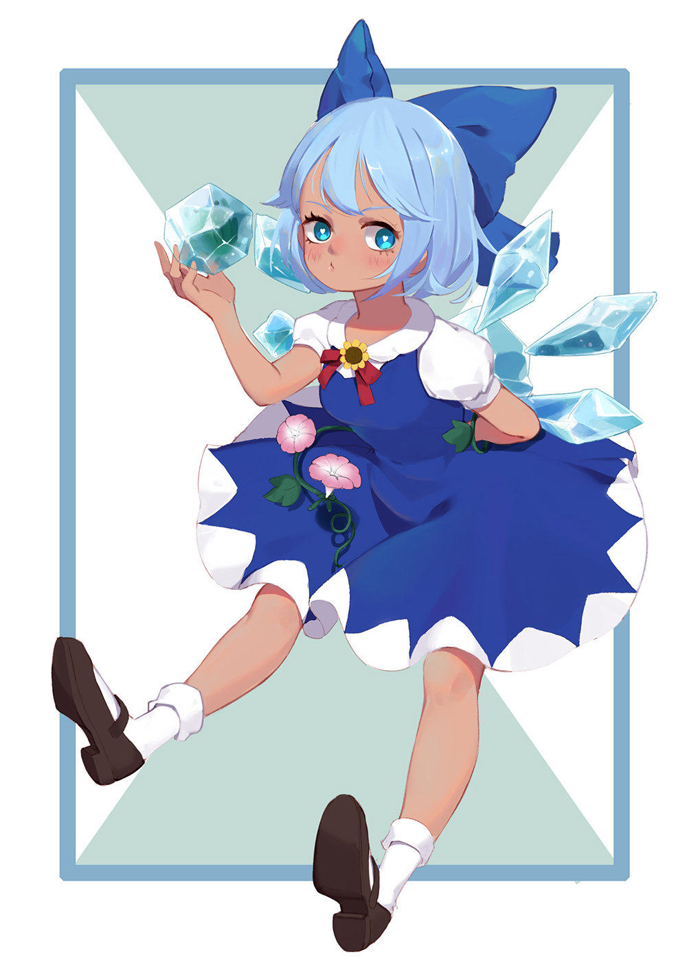 1girl bangs blue_bow blue_dress blue_eyes blue_hair bow breasts brown_footwear cirno collared_shirt dress flower hair_bow hair_flower hair_ornament highres ice ice_wings neck_ribbon pandako pinafore_dress plant red_ribbon ribbon shirt shoes short_dress short_hair small_breasts socks solo sunflower sunflower_hair_ornament tan tanned_cirno touhou vines white_background wings