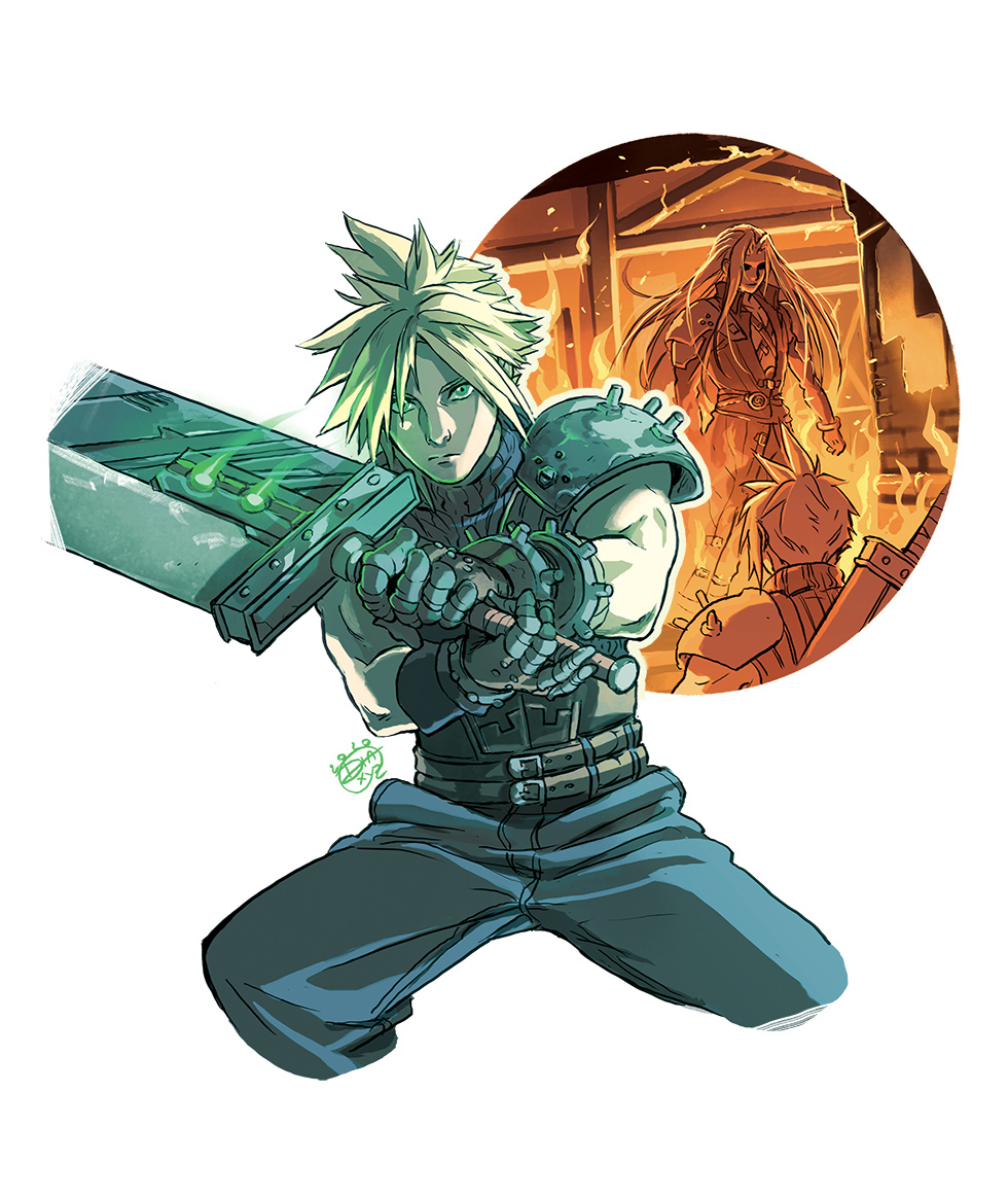 2boys armor baggy_pants bangs belt blonde_hair blue_pants blue_shirt brown_belt buster_sword cloud_strife cowboy_shot diana_mercolini fighting_stance final_fantasy final_fantasy_vii final_fantasy_vii_remake fire holding holding_sword holding_weapon long_bangs long_hair long_jacket looking_at_another male_focus materia metal_gloves multiple_belts multiple_boys pants parted_bangs sephiroth shirt short_hair shoulder_armor signature sleeveless sleeveless_turtleneck spiky_hair sword toned toned_male turtleneck weapon weapon_on_back