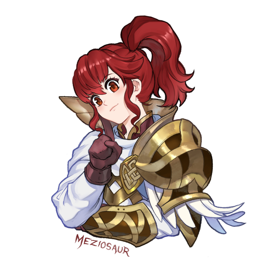 1girl anna_(fire_emblem) armor bangs brown_gloves feather_trim fire_emblem fire_emblem_heroes gloves head_tilt looking_at_viewer meziosaur puffy_sleeves red_eyes redhead shoulder_armor side_ponytail sidelocks smile solo upper_body watermark white_background