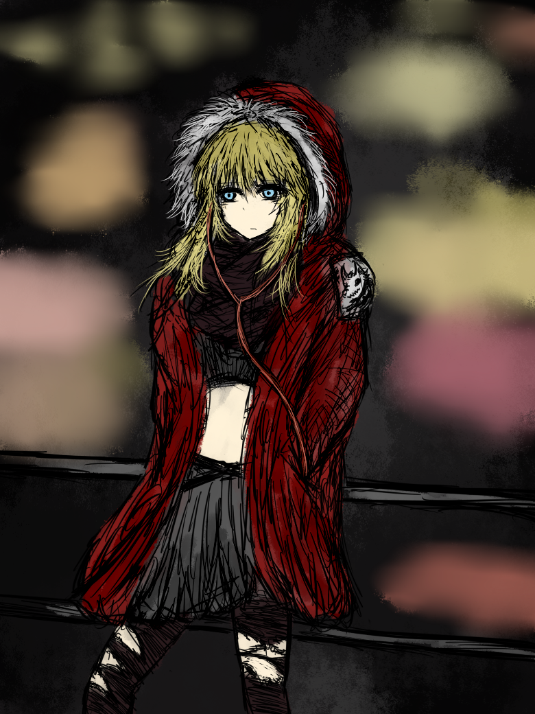 1girl alternate_costume bangs black_pantyhose black_skirt black_souls black_souls_2 blonde_hair blue_eyes blurry cable casual coat contemporary cowboy_shot crop_top earphones expressionless fur fur-trimmed_hood fur_trim hand_in_pocket hands_in_pockets hood hood_up hooded_jacket hoodie jacket jaggy_lines kanojo_no_sekai little_red_riding_hood long_hair looking_at_viewer midriff miniskirt navel open_clothes open_jacket pantyhose parka parody pleated_skirt red_coat red_hood_(black_souls) red_jacket red_riding_hood_(black_souls) scarf shirt sketch skirt solo standing sushi_yuusha_toro textless_version thigh-highs torn_clothes torn_pantyhose